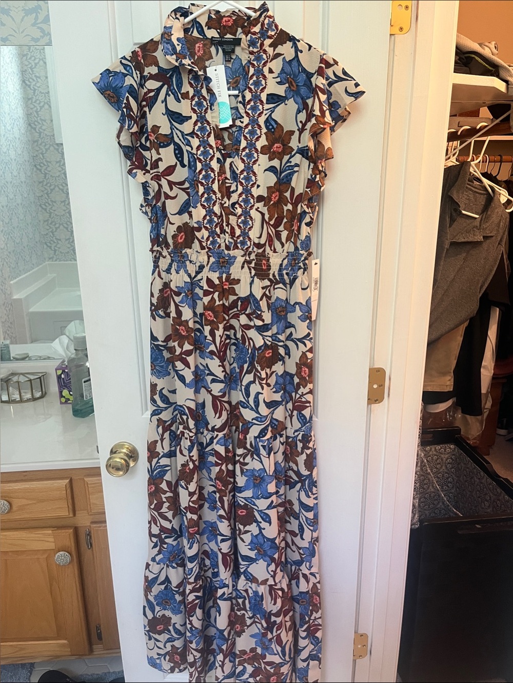 Maggy London Cream Maxi Dress with Blue and Brown Floral Print